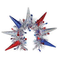 The Statue Of Liberty Tiara Headband is designed with plush fabric cones to replicate the Statue of Liberty with metallic silver fringe including red and blue stars.
