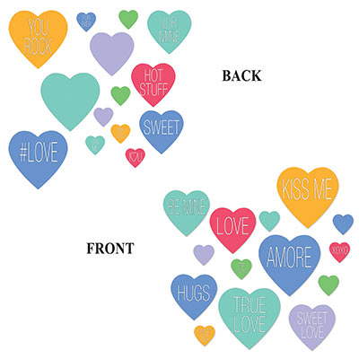 Assorted Colors and Size Candy Heart Cutouts with different Phrases 