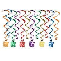 Assorted colored whirls with "Happy New Year" icons attached. 
