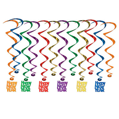 Assorted colored whirls with "Happy New Year" icons attached. 