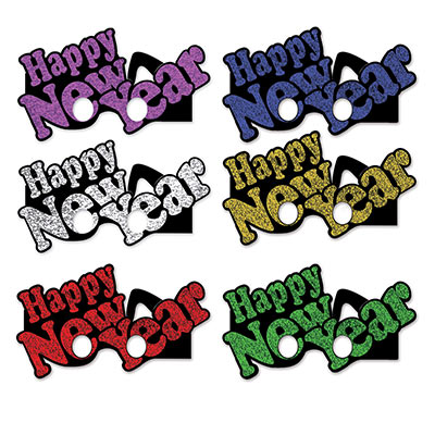 Party glasses with prismatic assorted colors "Happy New Year" on the front. 
