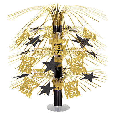 Cascade centerpiece with gold strands, "Happy New Year" icons and black stars.