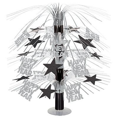 Cascade centerpiece with silver strands, "Happy New Year" icons and black stars.