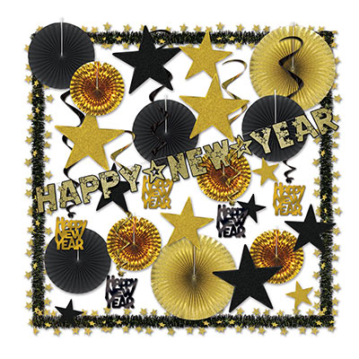 Gold New Year decorating kits with fans, garland, whirls and more. 