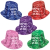 Assorted color top hats with printed white clocks and "Happy New Year".