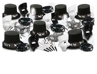New Year Masquerade - New Year Party Kit for 50 New,Year, Masquerade, New Years Eve, masks, hats, toppers, horns, feathers 