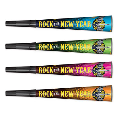 rock and roll themed new year party horns that read rock the new year