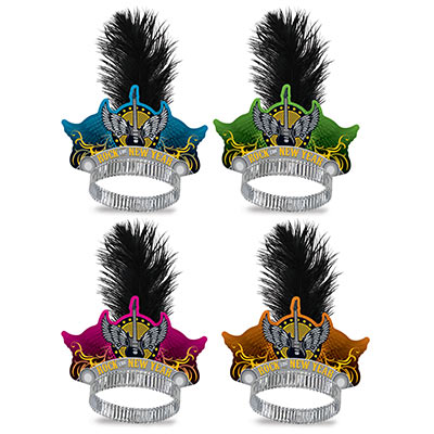assorted colored new year tiaras that have a guitar and eagle wings in the theme of 80s style rock and roll