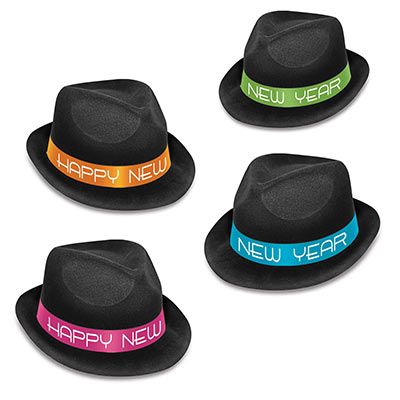 Molded plastic, velour coated, chairman styled hat with pink, blue, green, or orange neon band printed with white happy new year lettering. 