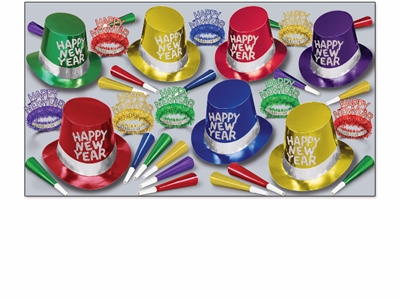 assorted colored new year's eve party kit for 50 with bright colored top hats, party horns, and assorted tiaras