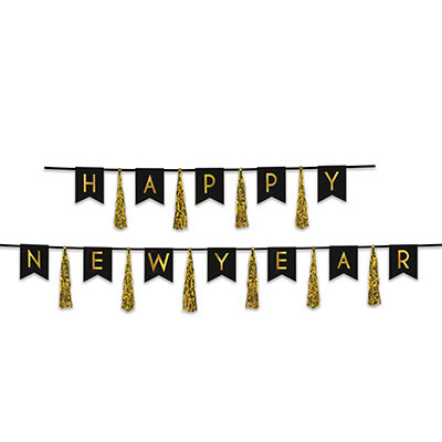 Streamer with black pennants spelling out "Happy New Year" in gold print with gold tassels.
