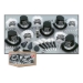 black and silver new year's eve party kit that comes with happy new year top hats, big feathered tiaras, fringed party horns, and noisemakers.