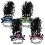 assorted colored happy new year tiaras with a black plume feather