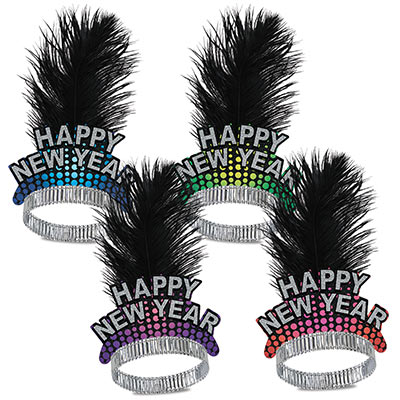 assorted colored happy new year tiaras with a black plume feather