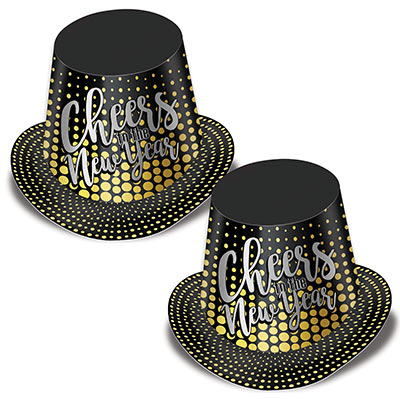 black party top hat with gold polka dots that reads cheers to the new year in silver