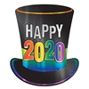 Foil cutout of a top hat with multi-color design of "Happy 2020".