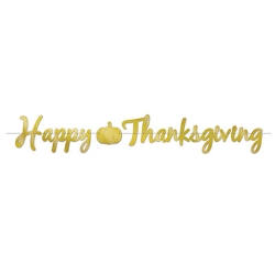Gold Foil Happy Thanksgiving Streamer with a pumpkin 