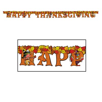 Happy Thanksgiving Streamer lettering made to look like wood and leaves on top