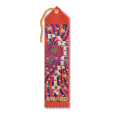 Participation Award Red Ribbon with Silver and Gold lettering and Gold burst with blue swirls 