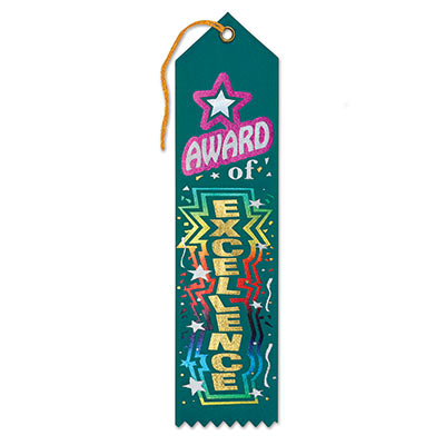 Award Of Excellence Award Green Ribbon with Colorful lettering and designs 