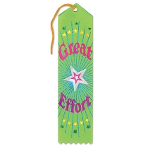 Great Effort Award Green Ribbon with bold lettering and stars