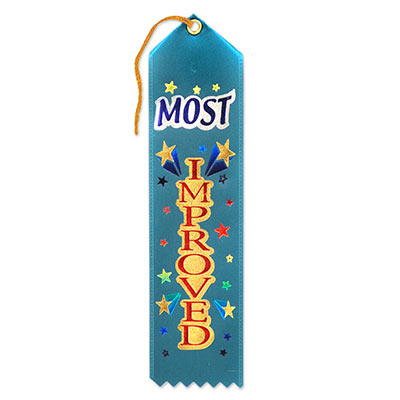 Most Improved Award Blue Ribbon with bold lettering and colorful stars
