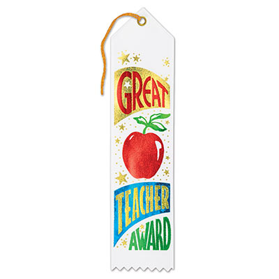Great Teacher Award White Ribbon with bold lettering and a big red apple with star decorations