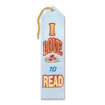 I Love To Read Award Ribbon with gold outlined in red lettering and a book with hearts
