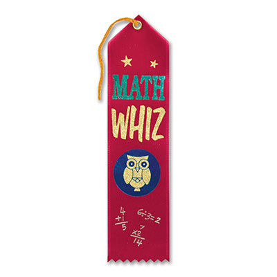 Math Whiz Award Ribbon with bold gold and green lettering with an owl 