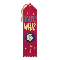 Math Whiz Award Ribbon with bold gold and green lettering with an owl 