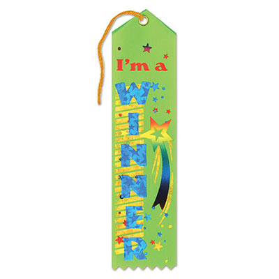 Im A Winner Award Green Ribbon with bold blue lettering and colorful shooting star