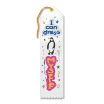 I Can Dress Myself Award White Ribbon with Gold lettering outlined in pink and stars 