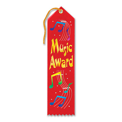 Music Award Red Ribbon with bold yellow lettering and colorful music notes