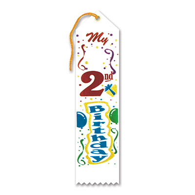 My 2nd Birthday Award White Ribbon with colorful bold lettering, balloons and streamers