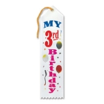 My 3rd Birthday Award White Ribbon with bright colorful bold lettering, balloon and streamers 