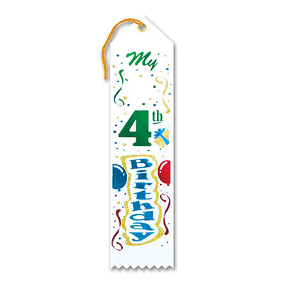 My 4th Birthday Award White Ribbon with colorful lettering, balloon and streamers