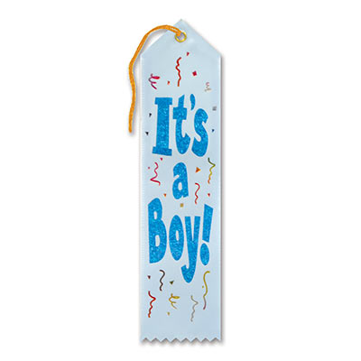 It's A Boy! Award Blue Ribbon with Glittered Blue lettering and Multi colored streamers  