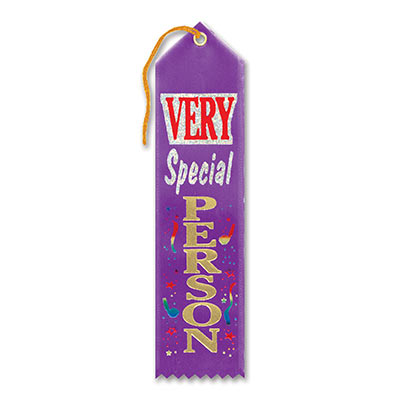 Very Special Person Award Purple Ribbon with gold and silver lettering and multi colored streamers