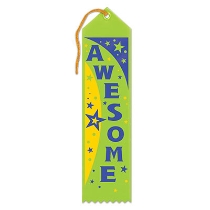 Awesome Award Green Ribbon with blue lettering and yellow, green and blue stars