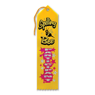 Spelling Bee Participant Award Yellow Ribbon with gold and silver lettering outlined in black and pink with stars