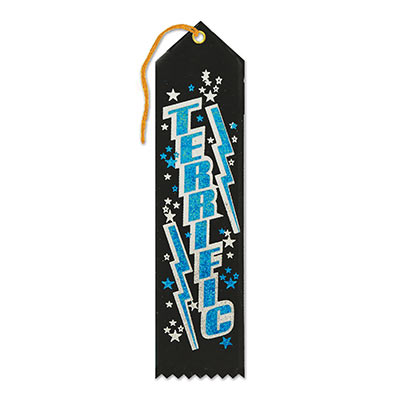 Terrific Award Black Ribbon with Glitter Blue lettering and stars 