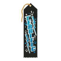 Terrific Award Black Ribbon with Glitter Blue lettering and stars 
