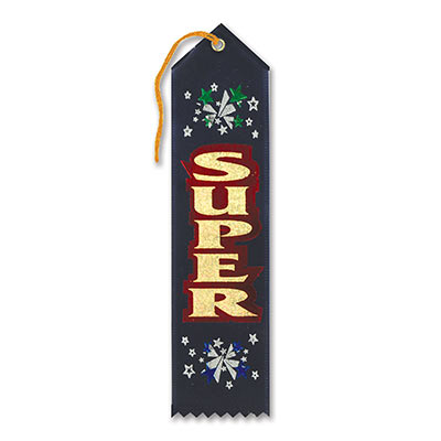 Super Award Black Ribbon with Gold lettering outlined in red and star bursts silver, green and blue