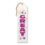 Great Award White Ribbon with glittered Pink lettering and Multi colored stars