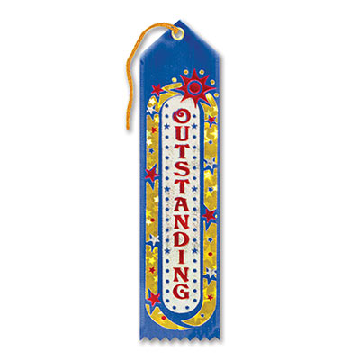 Outstanding Award Blue Ribbon with red lettering outlined in silver and gold