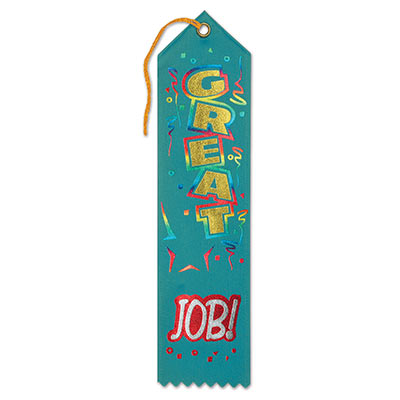 Great Job! Award Teal Ribbon with bold lettering in gold and silver outlined in rainbow of colors with streamers