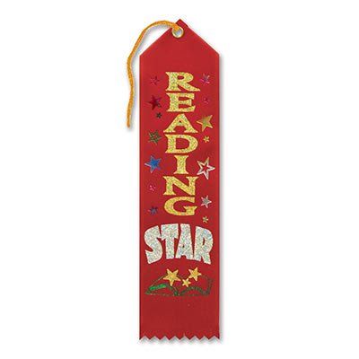 Reading Star Award Red Ribbon with bold gold and silver lettering with stars