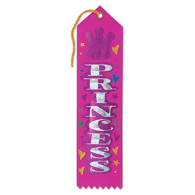 Princess Award Pink Ribbon with silver bold lettering outlined in purple with a purple crown and hearts