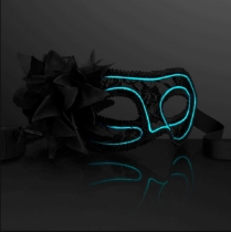Aqua light up colored wire mask with feathers on the side. 