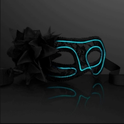 Aqua light up colored wire mask with feathers on the side. 